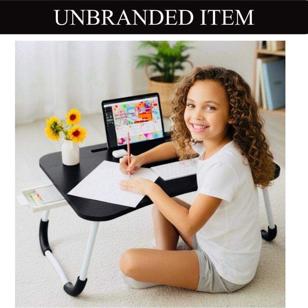 LAPTOP/DESKTOP/FOOD TRAY: Large BLACK & Portable w/Cup Holder & Drawer, NIB